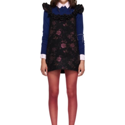 SHUSHU/TONG Black Lace Trim Sleeve Straight Minidress