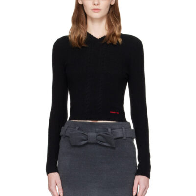 SHUSHU/TONG Black Lace-Trimmed V-Neck Knit Sweater