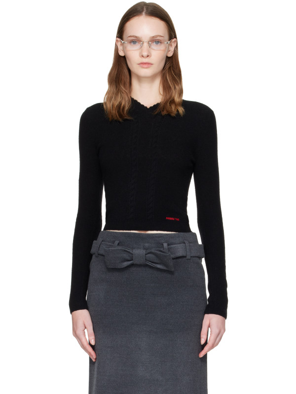 SHUSHU/TONG Black Lace-Trimmed V-Neck Knit Sweater
