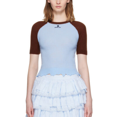 SHUSHU/TONG Blue & Brown Color-Block Raw-Edge Short-Sleeve Knit Top
