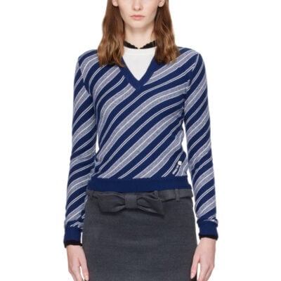 SHUSHU/TONG Blue & White V-Neck Fitted Twill Knit Sweater