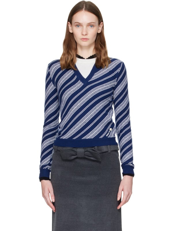 SHUSHU/TONG Blue & White V-Neck Fitted Twill Knit Sweater