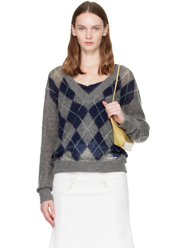 SHUSHU/TONG Gray Argyle V-Neck Sweater