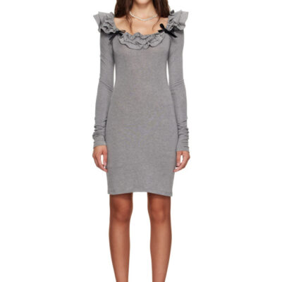 SHUSHU/TONG Gray Lace Trim Stretch Fitted Minidress