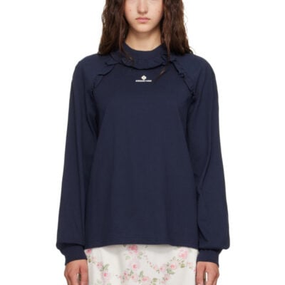 SHUSHU/TONG Navy Lace Trim Long Sleeve T-shirt