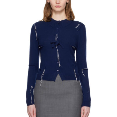 SHUSHU/TONG Navy Pin-Tuck & Threadwork Knit Sweater