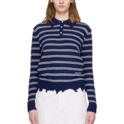 SHUSHU/TONG Navy & White Striped Long-Sleeve Knit Polo