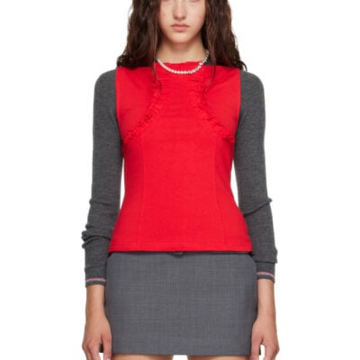 SHUSHU/TONG Red Lace Trim Sleeveless Fitted Top