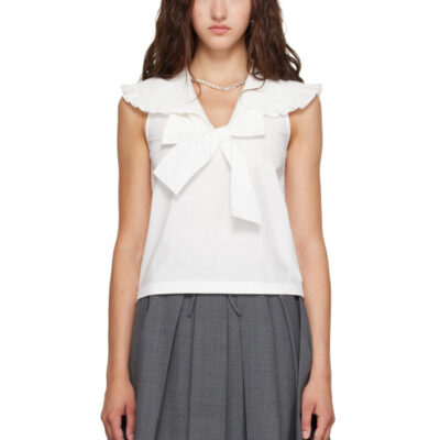 SHUSHU/TONG White Lace-Trimmed Shawl Collar Bow Blouse