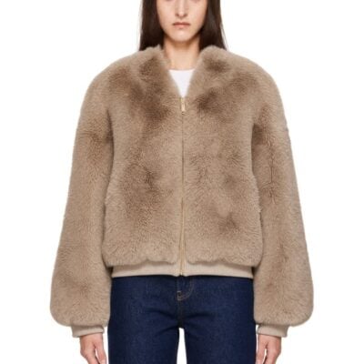 The Frankie Shop Taupe Senna Collarless Faux-Fur Jacket