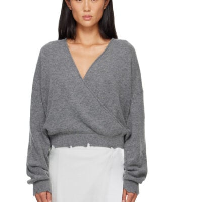 Theopen Product Gray Wool Criss Cross Wrap Knit Sweater