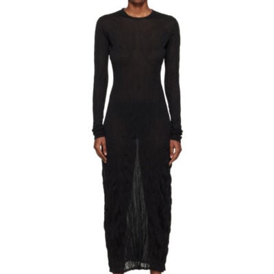 Totême Black Crinkled Knit Long-Sleeve Midi Dress