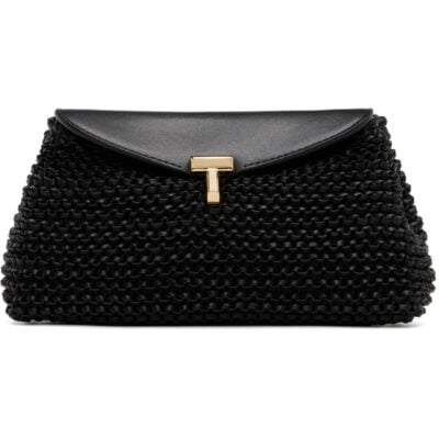 Totême Black Mini T-Lock Woven-Leather Clutch