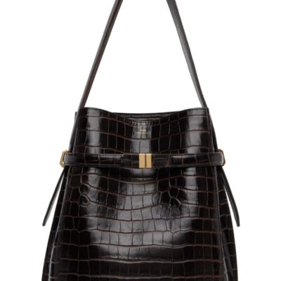 Totême Brown Belted Croco-Embossed Bucket Bag