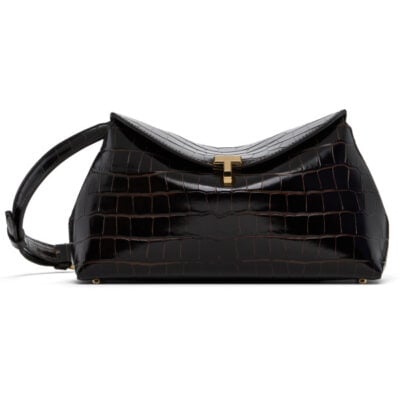 Totême Brown T-Lock Croco-Embossed Clutch