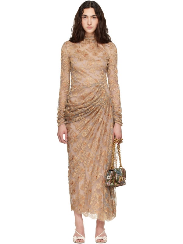 Valentino Beige Feather Lace Maxi Dress