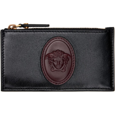 Versace Black & Brown Roomy Leather Zip Card Holder