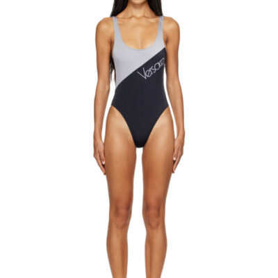 Versace Black & Gray Embroidered-Logo One-Piece Swimsuit