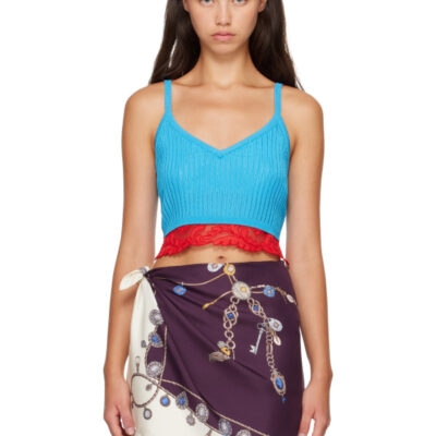 Versace Blue Lace-Trim Viscose-Blend Ribbed Knit Tank Top