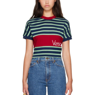 Versace Blue & Red Embroidered-Logo Striped-Intarsia Cotton T-shirt