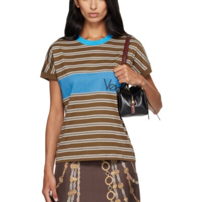 Versace Brown & Blue Embroidered-Logo Striped-Intarsia Cotton T-shirt