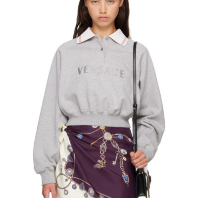 Versace Gray Heavy Soft Fleece Greca Details & Logo Sweatshirt
