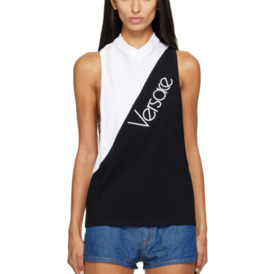 Versace White & Black Embroidered-Logo Cotton-Jersey Tank Top