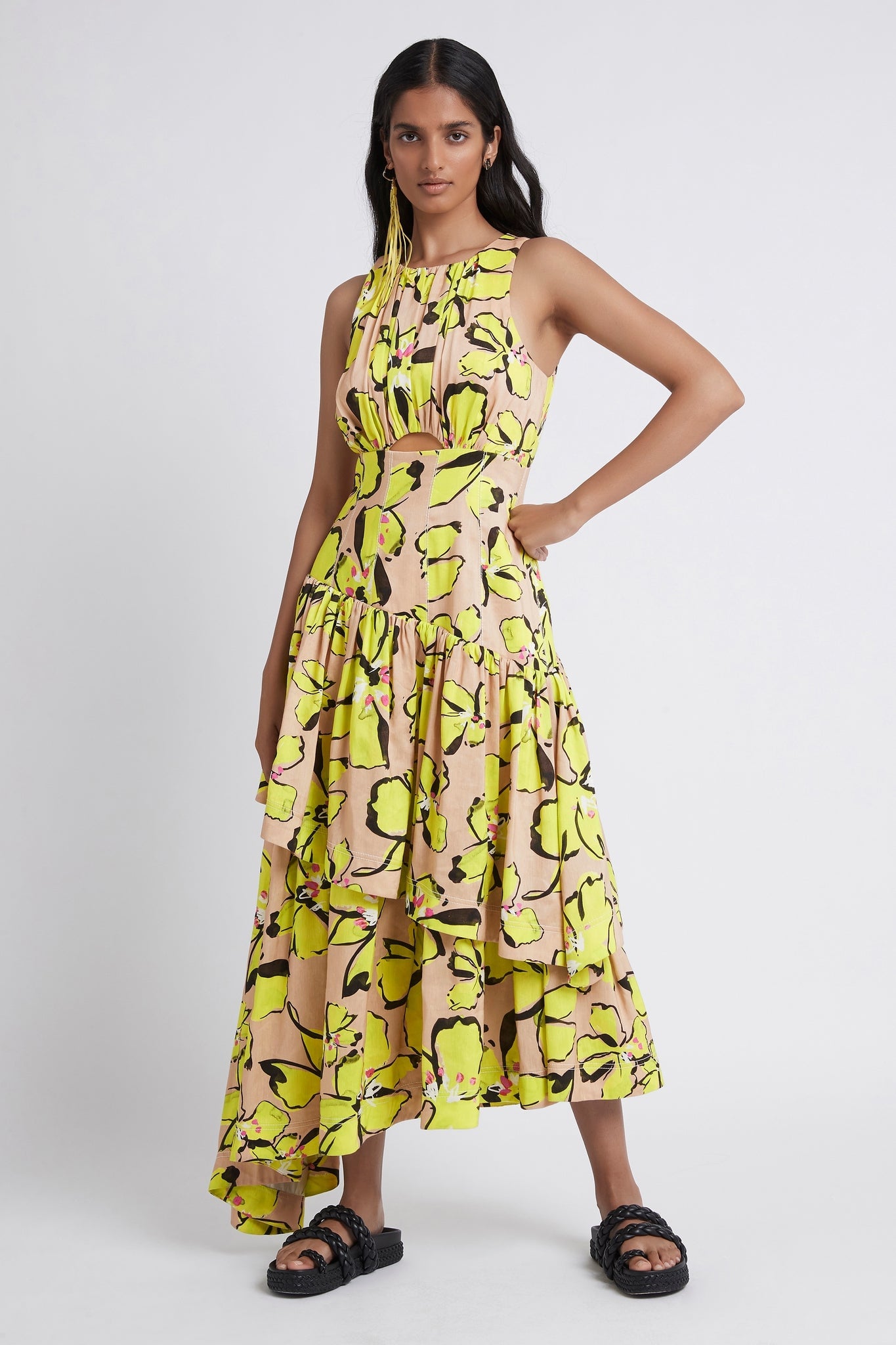 Aje Pelicano Citrus Bloom Racer Asymmetric Tiered Dress - Image 1