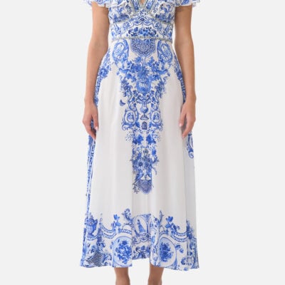 CAMILLA Waisted Midi Dress With Flutter Sleeve Ceramic Panoramic - Image 1