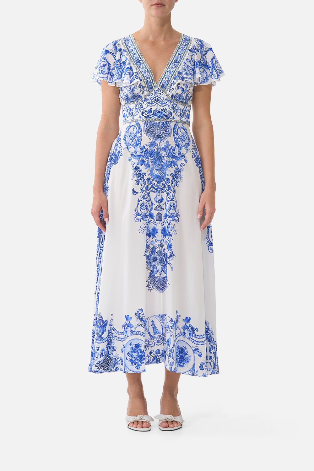 CAMILLA Waisted Midi Dress With Flutter Sleeve Ceramic Panoramic - Image 1