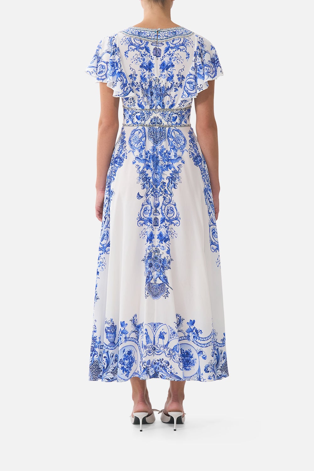 CAMILLA Waisted Midi Dress With Flutter Sleeve Ceramic Panoramic - Image 2