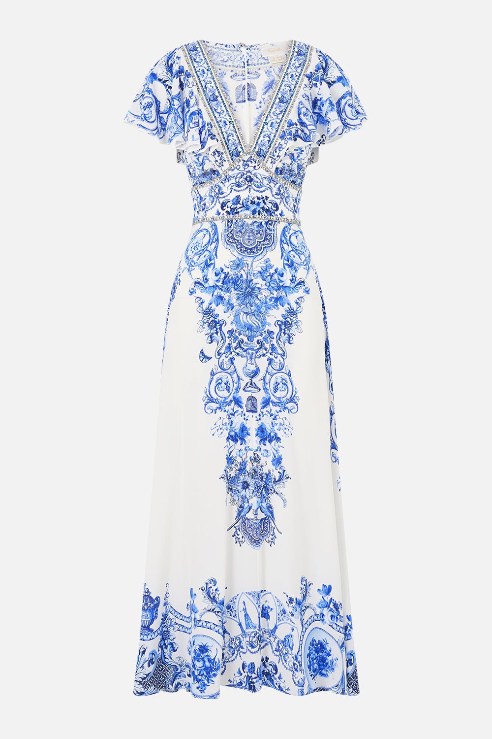 CAMILLA Waisted Midi Dress With Flutter Sleeve Ceramic Panoramic - Image 3