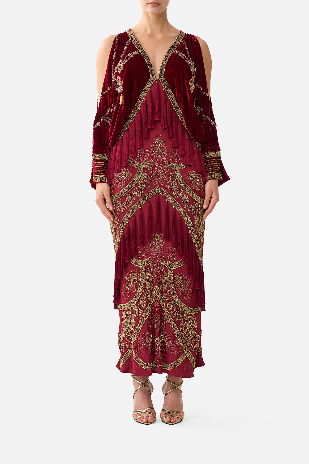 CAMILLA Velvet Plunge Neck Draped Shoulder Dress Call ME A Carriage - Image 1