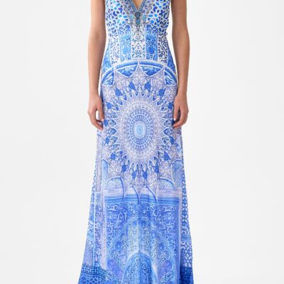 CAMILLA V-neck Long Bias Slip Dress With Train the Bosphorous - Image 1