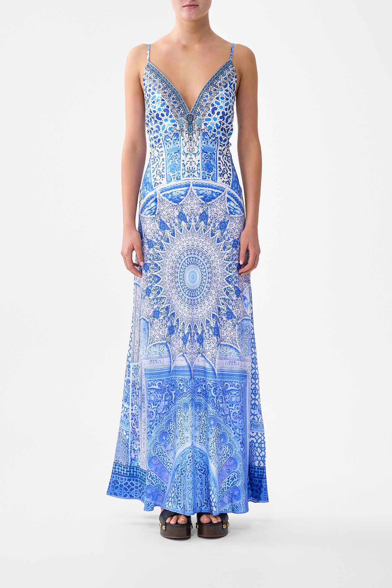 CAMILLA V-neck Long Bias Slip Dress With Train the Bosphorous - Image 1