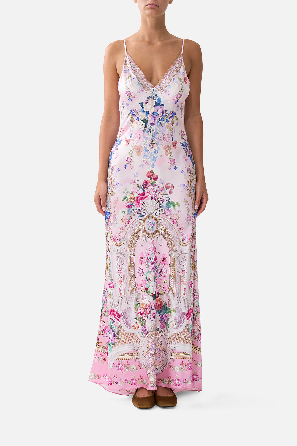 CAMILLA V-neck Long Bias Slip Dress With Train Palatial Pastels - Image 1