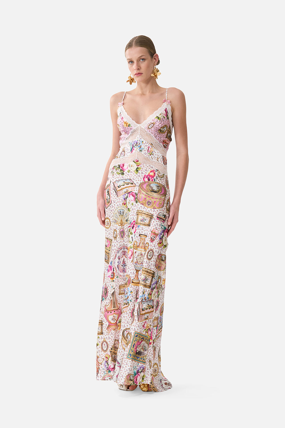 CAMILLA V-neck Long Bias Slip Dress With Train - Image 1