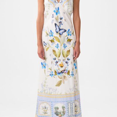 CAMILLA V-neck Long Bias Slip Dress With Train Botanical Ballads - Image 1