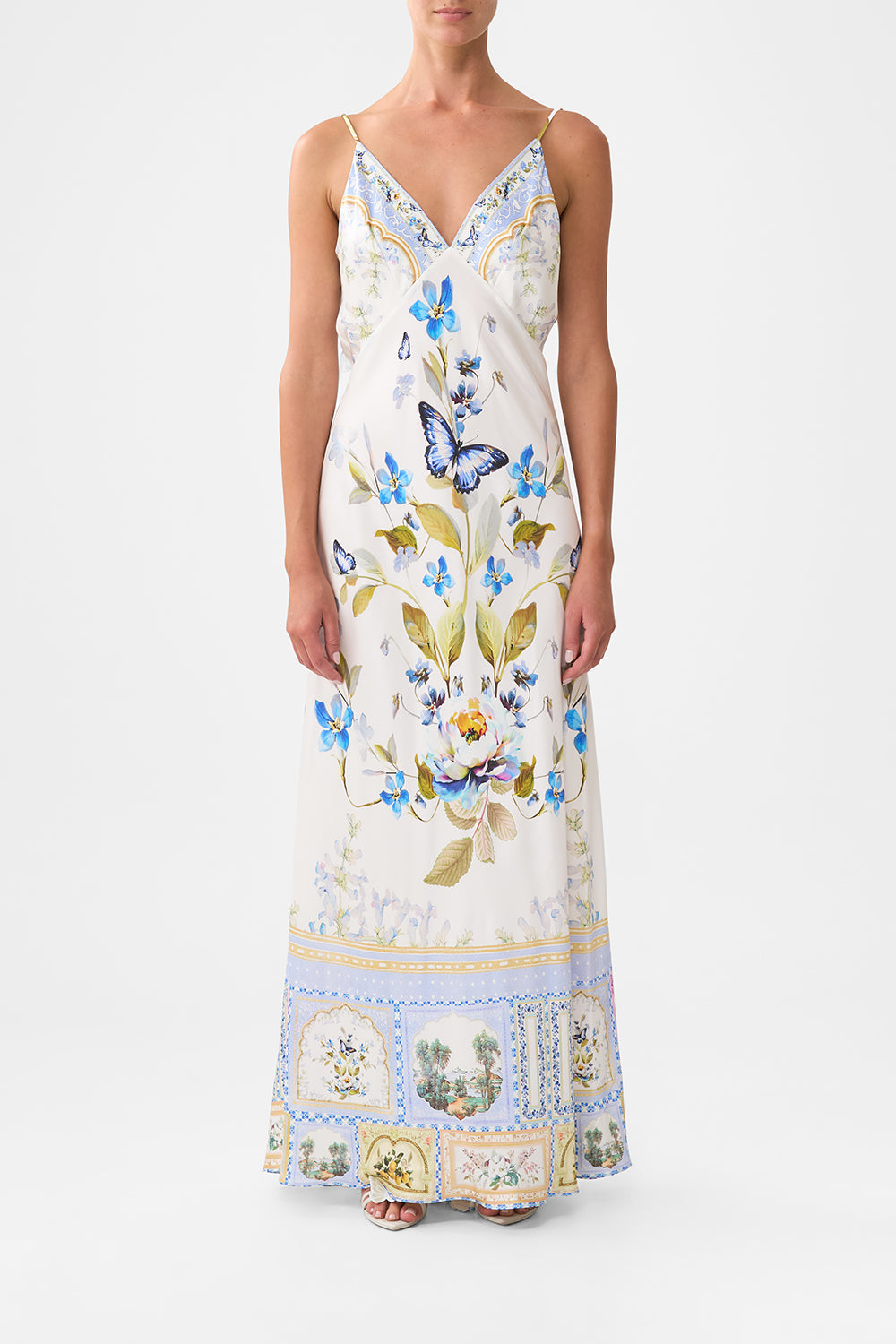 CAMILLA V-neck Long Bias Slip Dress With Train Botanical Ballads - Image 1