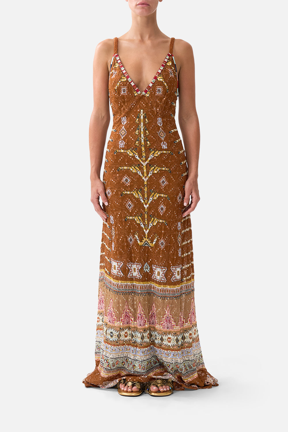 CAMILLA V-neck Full Length Bias Slip Dress Fabric OF Time - Image 1