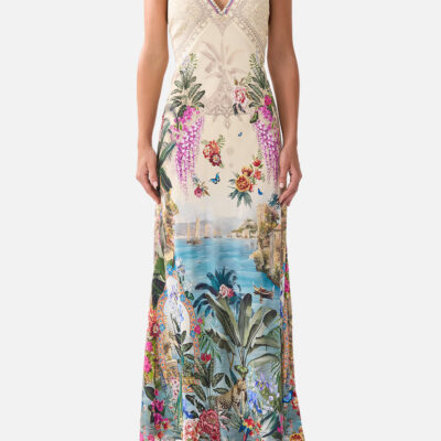 CAMILLA V-neck Full Length Bias Slip Dress Bodrum Botanicals - Image 1