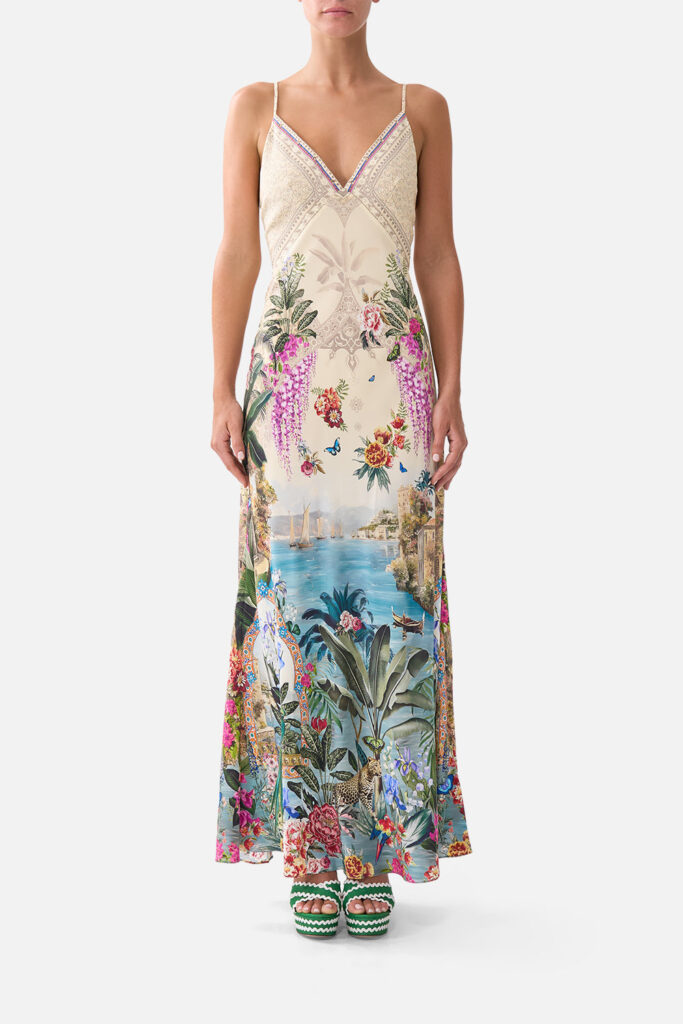 CAMILLA V-neck Full Length Bias Slip Dress Bodrum Botanicals - Image 1