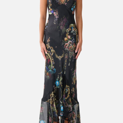CAMILLA V Neck Slip Dress With Flounce Hem Night Garden - Image 1