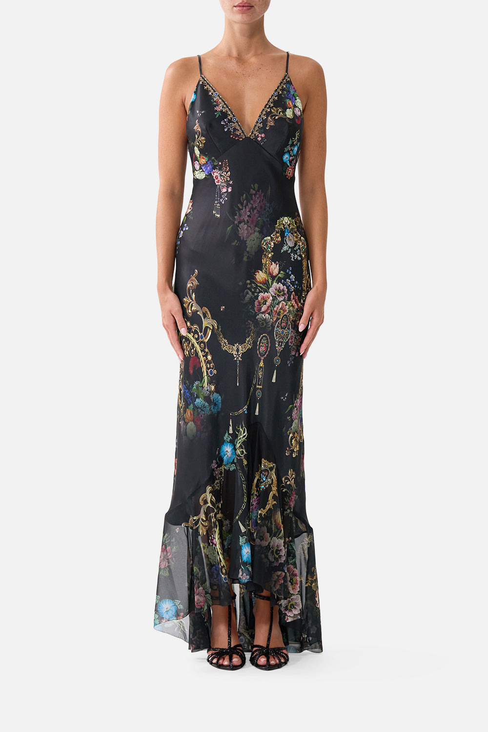 CAMILLA V Neck Slip Dress With Flounce Hem Night Garden - Image 1