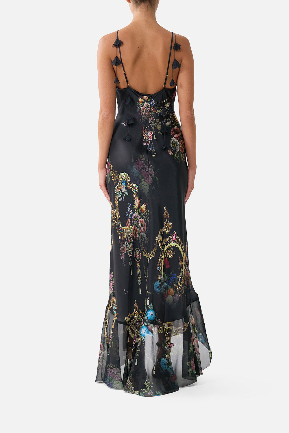 CAMILLA V Neck Slip Dress With Flounce Hem Night Garden - Image 2