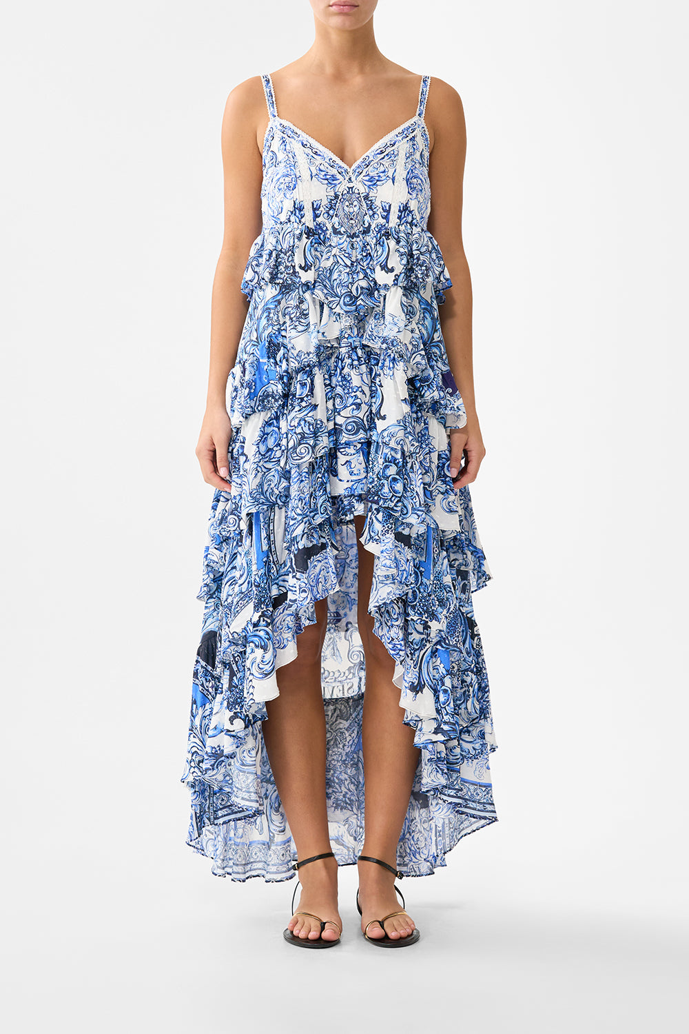 CAMILLA V Neck Ruffle High Low Dress A Tiled Wonderland - Image 1