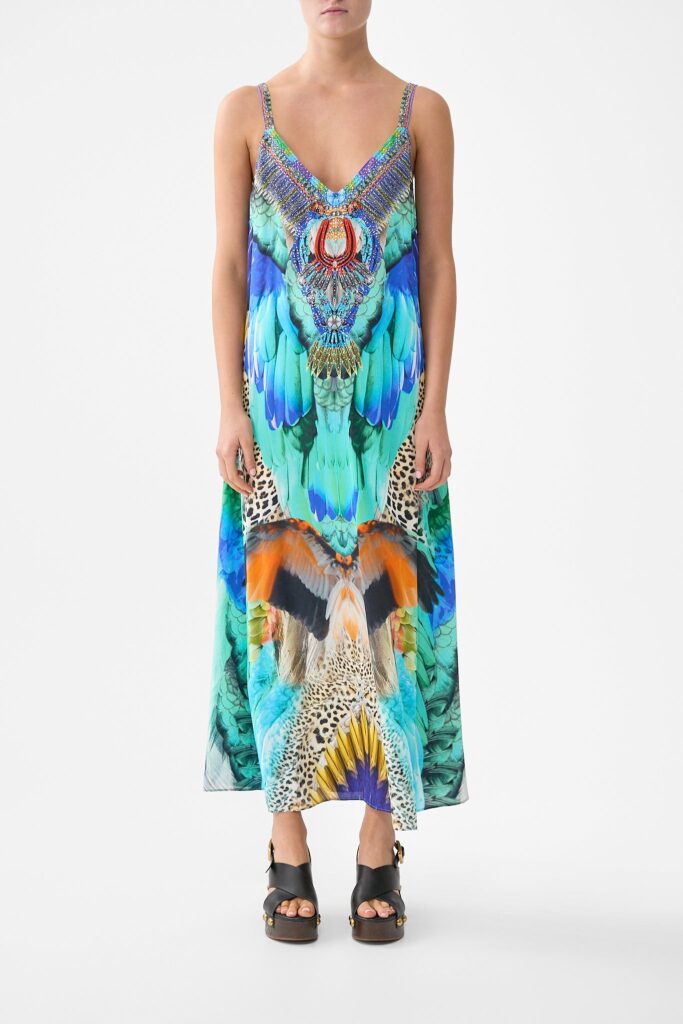 CAMILLA V Neck Midi Slip Dress Jungle Flight - Image 1