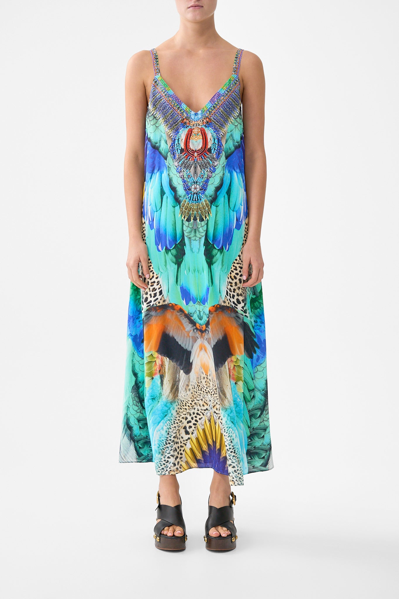 CAMILLA V Neck Midi Slip Dress Jungle Flight - Image 1