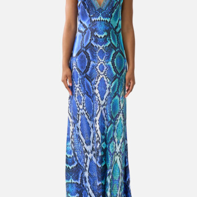 CAMILLA V Neck Full Length Bias Slip Dress the Sapphire Serpent - Image 1