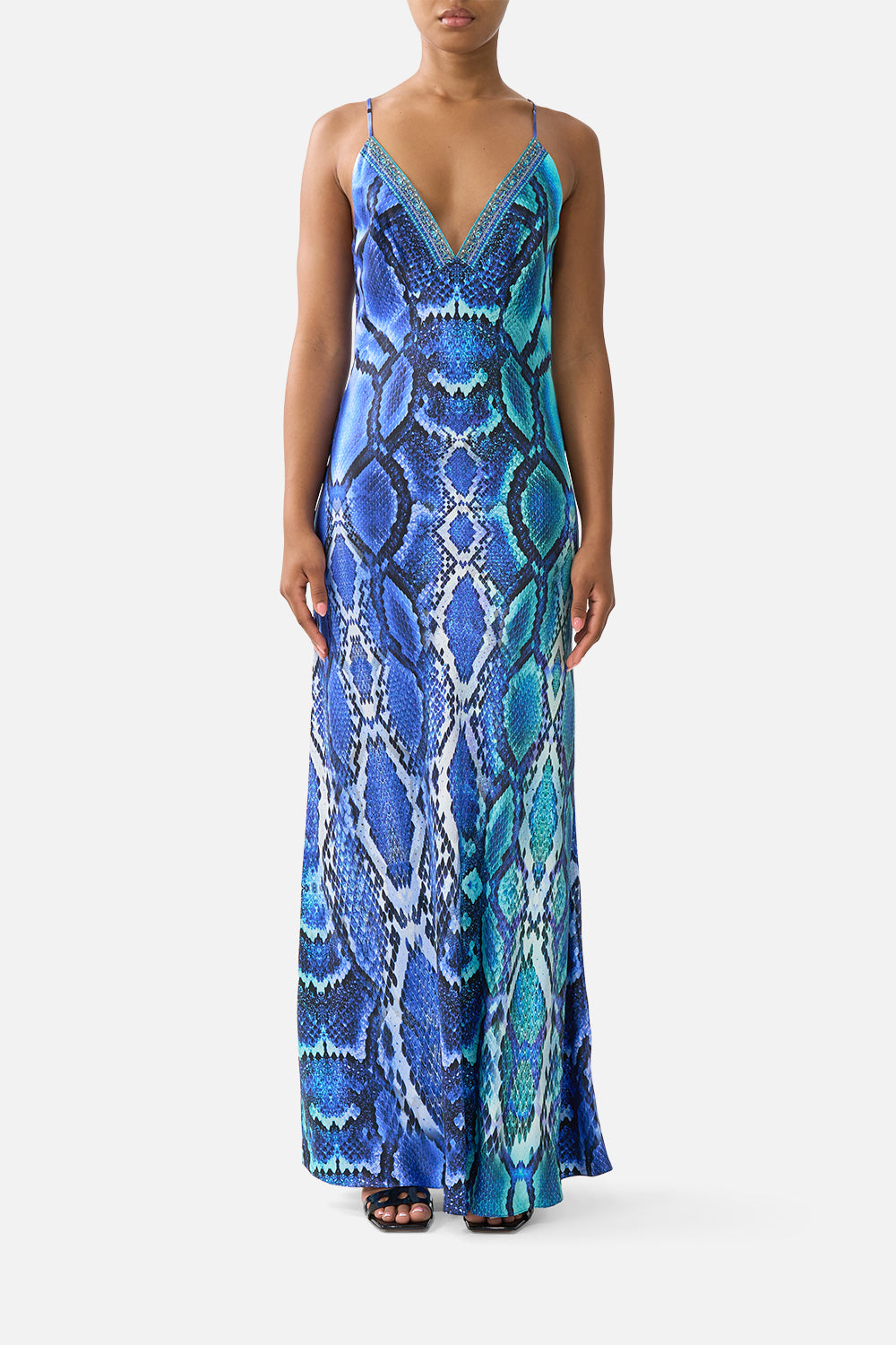 CAMILLA V Neck Full Length Bias Slip Dress the Sapphire Serpent - Image 1